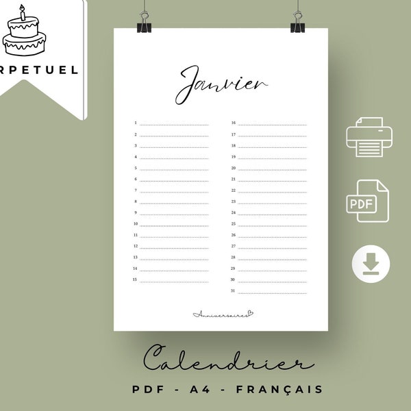 "Birthdays" calendar (perpetual) in French - A4 portrait format - PDF to print - Instant download