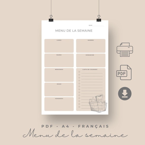 Menu of the week in French - 2 models - A4 portrait format - PDF to print - Instant download