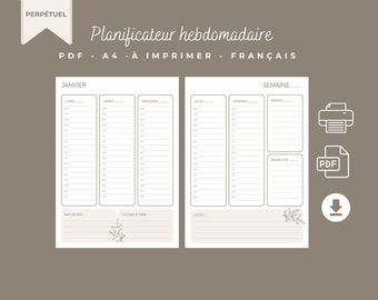 Planificateur hebdomadaire en Français - perpétuel - 36 pages - Format A4 - PDF à imprimer - beige - Téléchargement instantané