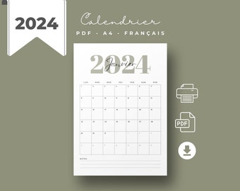 Calendrier 2024 en Français - Format A4 portrait-  PDF à imprimer - Téléchargement instantané