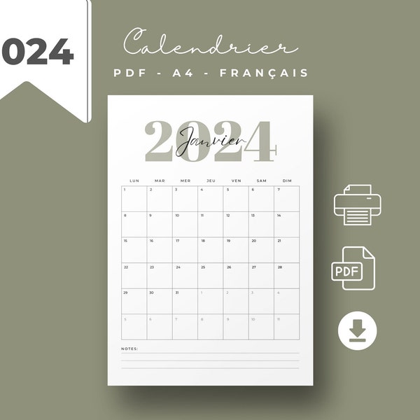Calendrier 2024 en Français - Format A4 portrait-  PDF à imprimer - Téléchargement instantané