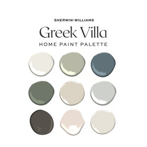 Sherwin Williams Greek Villa Color Palette, Interior Design Color Scheme, Paint Palette, Whole House Paint Colors, Greek Villa Trim