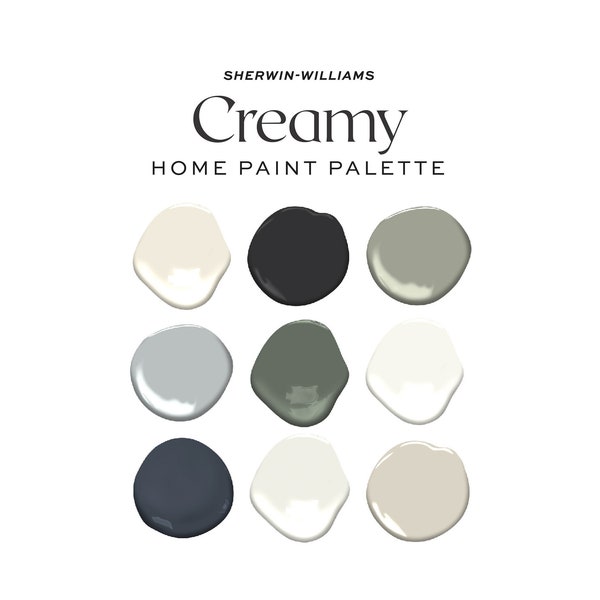 Palette de couleurs complémentaires crémeuses Sherwin Williams, schéma de couleurs de design d'intérieur, palette de peinture, couleurs de peinture pour toute la maison, armoires crémeuses