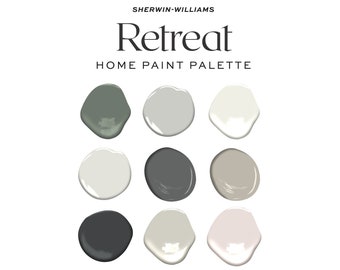 Sherwin Williams Retreat Complementary Color Palette, Interior Paint Palette, Trending Home Color Palette, Whole House Paint Colors
