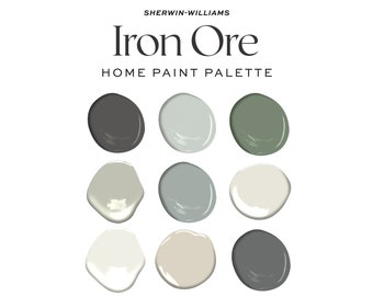 May include: A paint color palette featuring nine paint swatches in shades of gray, green, and white. The palette is titled "Iron Ore" and is from Sherwin-Williams.