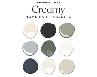 May include: A paint color palette with the title "Creamy" and the brand name "Sherwin-Williams" in black text. The palette features nine paint swatches in various shades of white, gray, green, and black.