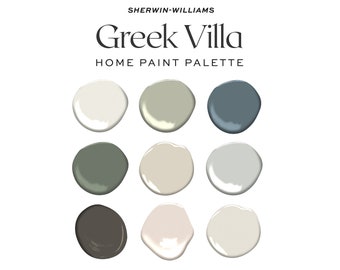 Sherwin Williams Greek Villa Color Palette, Interior Design Color Scheme, Paint Palette, Whole House Paint Colors, Greek Villa Trim