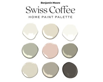Benjamin Moore Swiss Coffee Interior Paint Palette, Cozy Neutral Home Color Palette, Whole House Paint Colors, Cream Cabinet Colors