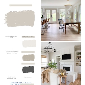 May include: A living room interior design inspiration board with paint swatches for a light grey trim colour, a light grey accent colour, and a dark grey accent colour. The board also includes a link to more curated photos of the design.