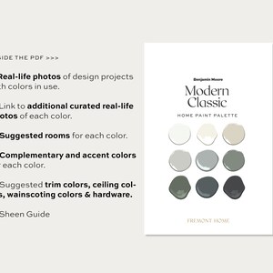 Puede incluir: Una paleta de colores de pintura llamada "Modern Classic" de Benjamin Moore. La paleta presenta 9 muestras de pintura en tonos de blanco, gris y verde. El texto "FREMONT HOME" est&aacute; en la parte inferior de la tarjeta.