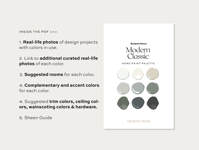 Puede incluir: Una paleta de colores de pintura llamada "Modern Classic" de Benjamin Moore. La paleta presenta 9 muestras de pintura en tonos de blanco, gris y verde. El texto "FREMONT HOME" est&aacute; en la parte inferior de la tarjeta.
