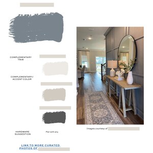 May include: A grey, white and beige colour palette for home decor. The colours are shown in paint swatches. The image also shows a hallway with a wooden floor, a rug, a console table and a mirror.