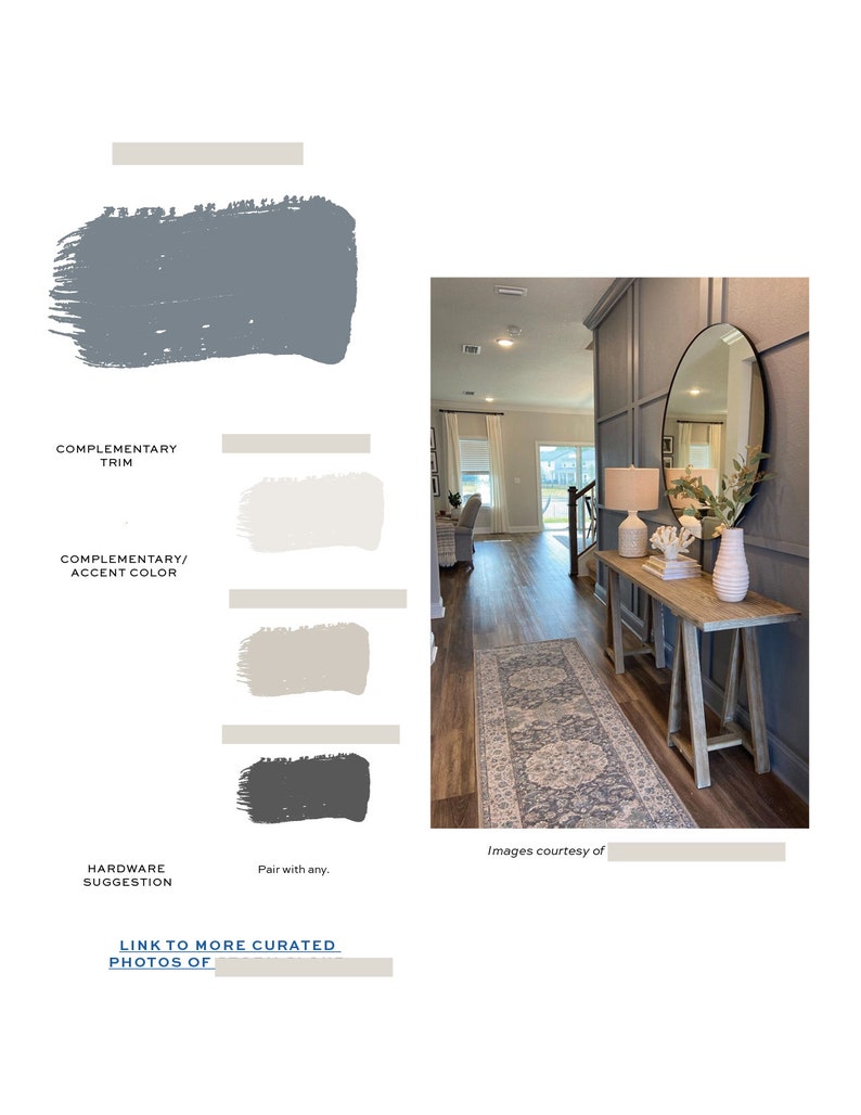 May include: A grey, white and beige colour palette for home decor. The colours are shown in paint swatches. The image also shows a hallway with a wooden floor, a rug, a console table and a mirror.