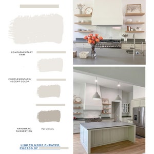 May include: A kitchen with white cabinets, a grey countertop, and a large island with a grey countertop. The island has a white base with vertical panelling. The kitchen has a white range hood and a stainless steel refrigerator. There are two pendant lights hanging over the island.