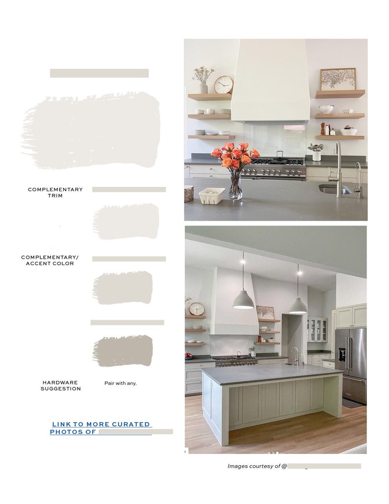 May include: A kitchen with white cabinets, a grey countertop, and a large island with a grey countertop. The island has a white base with vertical panelling. The kitchen has a white range hood and a stainless steel refrigerator. There are two pendant lights hanging over the island.