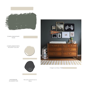 Puede incluir: Una habitaci&oacute;n de beb&eacute; con una pared verde oscuro, una c&oacute;moda de madera y una alfombra a rayas. La c&oacute;moda tiene un cambiador en la parte superior y est&aacute; decorada con obras de arte enmarcadas. Las obras de arte incluyen un barco, una mano de esqueleto y un bander&iacute;n de b&eacute;isbol. La habitaci&oacute;n est&aacute; decorada con un esquema de color beige claro, verde oscuro y gris oscuro.