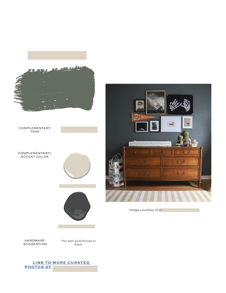 Puede incluir: Una habitaci&oacute;n de beb&eacute; con una pared verde oscuro, una c&oacute;moda de madera y una alfombra a rayas. La c&oacute;moda tiene un cambiador en la parte superior y est&aacute; decorada con obras de arte enmarcadas. Las obras de arte incluyen un barco, una mano de esqueleto y un bander&iacute;n de b&eacute;isbol. La habitaci&oacute;n est&aacute; decorada con un esquema de color beige claro, verde oscuro y gris oscuro.