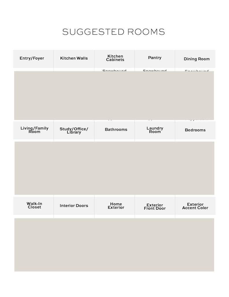 May include: A chart with the heading "Suggested Rooms" and a grid of rooms and areas of a house, including entry/foyer, kitchen walls, kitchen cabinets, pantry, dining room, living/family room, study/office/library, bathrooms, laundry room, bedrooms, walk-in closet, interior doors, home exterior, exterior front door, and exterior accent colour.