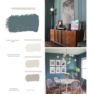 May include: A teal green dining room with a white marble table and six chairs. The walls are teal green with white trim. There is a gold chandelier hanging from the ceiling. There are framed pictures on the wall. The floor is a light brown wood.