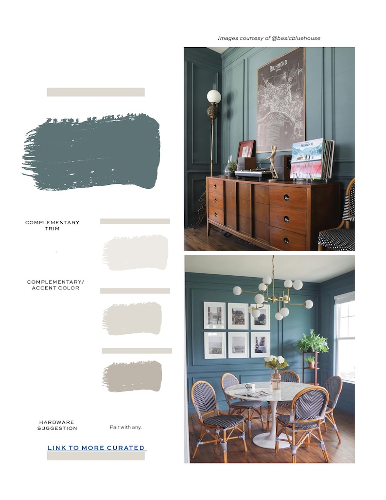 May include: A teal green dining room with a white marble table and six chairs. The walls are teal green with white trim. There is a gold chandelier hanging from the ceiling. There are framed pictures on the wall. The floor is a light brown wood.