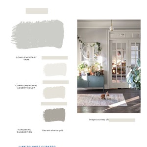 May include: A light gray interior design color palette with a suggestion to pair hardware with silver or gold. The image shows a living room with a light gray wall, a teal cabinet, and a rug with a geometric pattern.