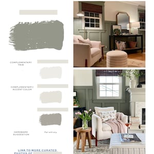 May include: A living room interior design inspiration board with paint color swatches for a green wall, white trim, and a light gray accent color. The board also includes a hardware suggestion for a light gray color. The image shows a living room with a white sofa, a green wall, and a fireplace.