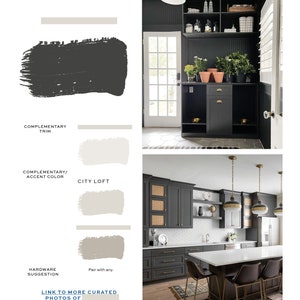 May include: A kitchen with dark grey cabinets, white subway tile backsplash, and a large island with a white countertop and gold bar stools. The kitchen features a farmhouse sink, gold hardware, and a pendant light fixture with three gold globes.