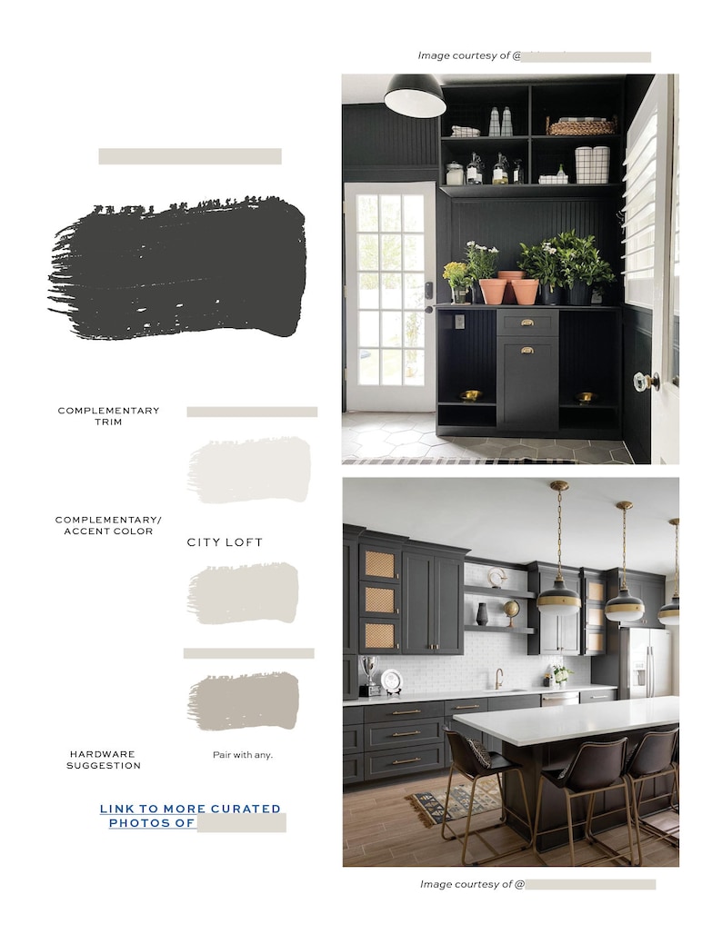 May include: A kitchen with dark grey cabinets, white subway tile backsplash, and a large island with a white countertop and gold bar stools. The kitchen features a farmhouse sink, gold hardware, and a pendant light fixture with three gold globes.