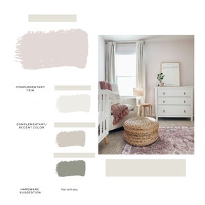 May include: A nursery room with a white crib, a wicker ottoman, a white dresser, and a pink rug. The walls are painted a light pink color. The room is decorated with a framed print and a potted plant.