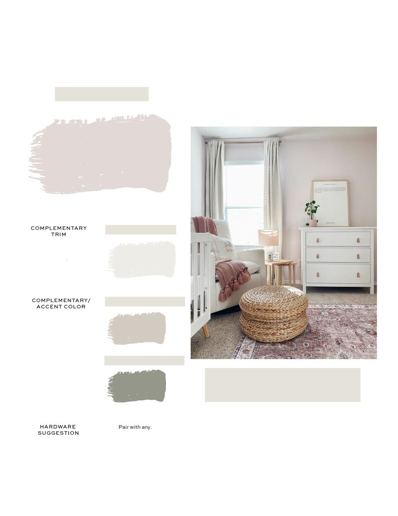 May include: A nursery room with a white crib, a wicker ottoman, a white dresser, and a pink rug. The walls are painted a light pink color. The room is decorated with a framed print and a potted plant.
