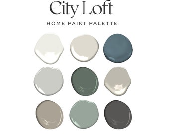May include: A paint color palette called "City Loft" by Sherwin-Williams. The palette features nine paint chips in various shades of gray, blue, and green.