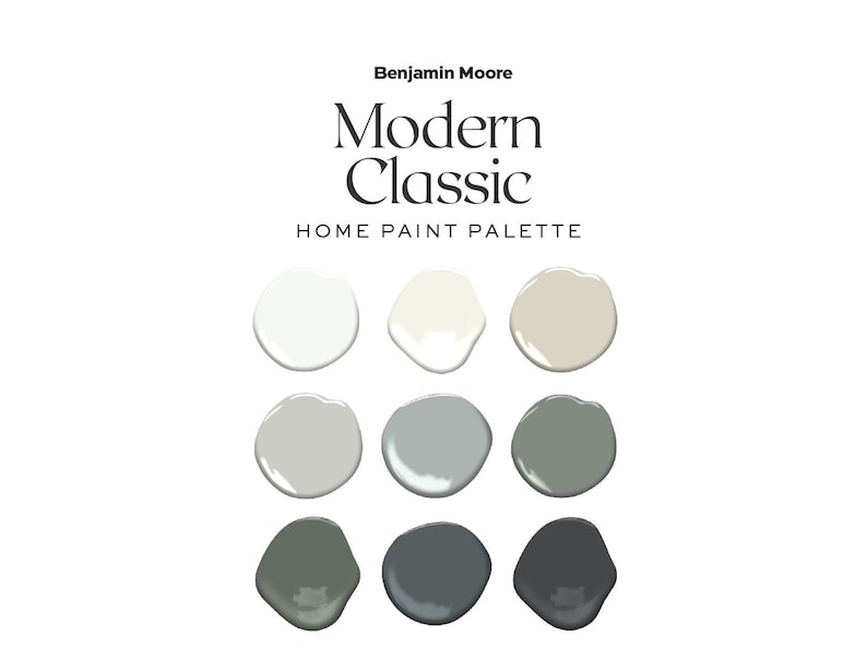 Puede incluir: Paleta de pintura para el hogar Benjamin Moore Modern Classic con nueve muestras de pintura en tonos de blanco, gris y verde.