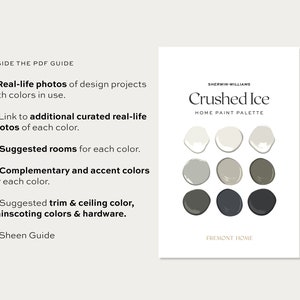 Pode incluir: Uma paleta de cores de tinta Sherwin-Williams chamada "Crushed Ice" com 9 amostras de tinta em tons de cinza e preto. As amostras de tinta est&atilde;o dispostas em tr&ecirc;s filas de tr&ecirc;s. A paleta &eacute; para tinta para casa.