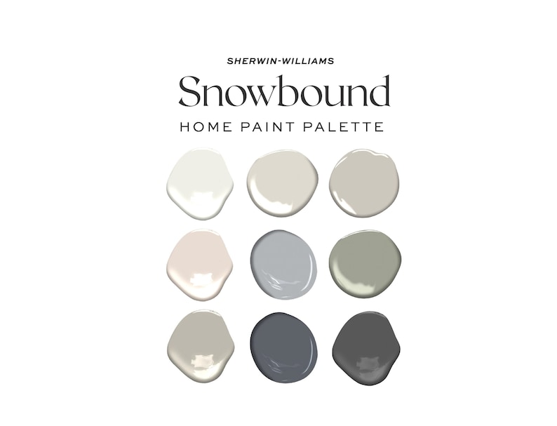 May include: A paint colour palette from Sherwin-Williams called Snowbound. The palette features nine paint chips in various shades of white, grey, and green.