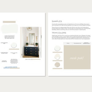 Puede incluir: Una gu&iacute;a de inspiraci&oacute;n para el dise&ntilde;o interior de un ba&ntilde;o con muestras de colores de pintura. La gu&iacute;a presenta un color de moldura blanco, un color de moldura beige claro y un color de moldura beige m&aacute;s oscuro. El texto "sneak peek!" est&aacute; escrito en la p&aacute;gina.