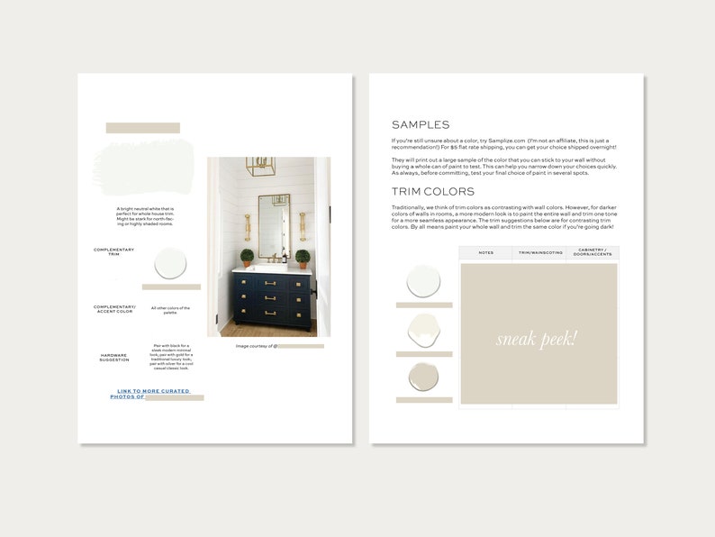 Puede incluir: Una gu&iacute;a de inspiraci&oacute;n para el dise&ntilde;o interior de un ba&ntilde;o con muestras de colores de pintura. La gu&iacute;a presenta un color de moldura blanco, un color de moldura beige claro y un color de moldura beige m&aacute;s oscuro. El texto "sneak peek!" est&aacute; escrito en la p&aacute;gina.