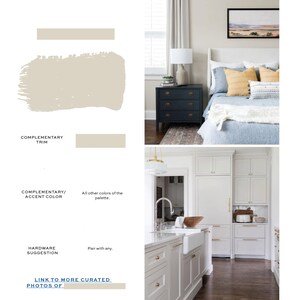 Puede incluir: Una inspiraci&oacute;n de dise&ntilde;o de interiores para un dormitorio con una paleta de colores blanco y beige. El dormitorio cuenta con una cabecera blanca, una colcha azul y una mesita de noche blanca con herrajes dorados. Las paredes est&aacute;n pintadas de un color beige claro. La imagen tambi&eacute;n muestra una cocina con gabinetes blancos y herrajes dorados.