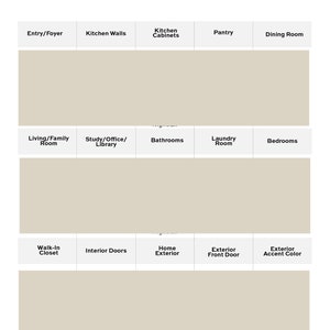 Puede incluir: Un gr&aacute;fico con el encabezado "Habitaciones sugeridas" y una cuadr&iacute;cula de 12 casillas, cada una etiquetada con el nombre de una habitaci&oacute;n, como "Entrada/Vest&iacute;bulo", "Paredes de la cocina", "Armarios de cocina", "Despensa", "Comedor", "Sala de estar/Sala familiar", "Estudio/Oficina/Biblioteca", "Ba&ntilde;os", "Lavander&iacute;a", "Dormitorios", "Vestidor", "Puertas interiores", "Exterior de la casa", "Puerta delantera exterior" y "Color de acento exterior".