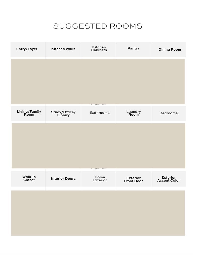 Puede incluir: Un gr&aacute;fico con el encabezado "Habitaciones sugeridas" y una cuadr&iacute;cula de 12 casillas, cada una etiquetada con el nombre de una habitaci&oacute;n, como "Entrada/Vest&iacute;bulo", "Paredes de la cocina", "Armarios de cocina", "Despensa", "Comedor", "Sala de estar/Sala familiar", "Estudio/Oficina/Biblioteca", "Ba&ntilde;os", "Lavander&iacute;a", "Dormitorios", "Vestidor", "Puertas interiores", "Exterior de la casa", "Puerta delantera exterior" y "Color de acento exterior".