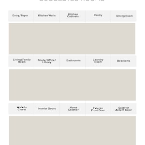 May include: A chart with the heading "Suggested Rooms" and a grid of 12 boxes. Each box has a room name, such as "Entry/Foyer", "Kitchen Walls", "Kitchen Cabinets", "Pantry", "Dining Room", "Living/Family Room", "Study/Office/Library", "Bathrooms", "Laundry Room", "Bedrooms", "Walk-In Closet", "Interior Doors", "Home Exterior", "Exterior Front Door", and "Exterior Accent Color".