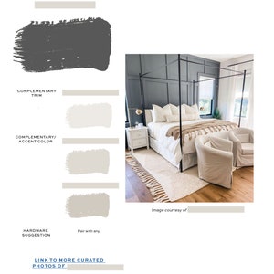 May include: A bedroom with a dark grey wall, a black canopy bed with white bedding, and two beige accent chairs. The room has a white rug with fringe and wood floors.