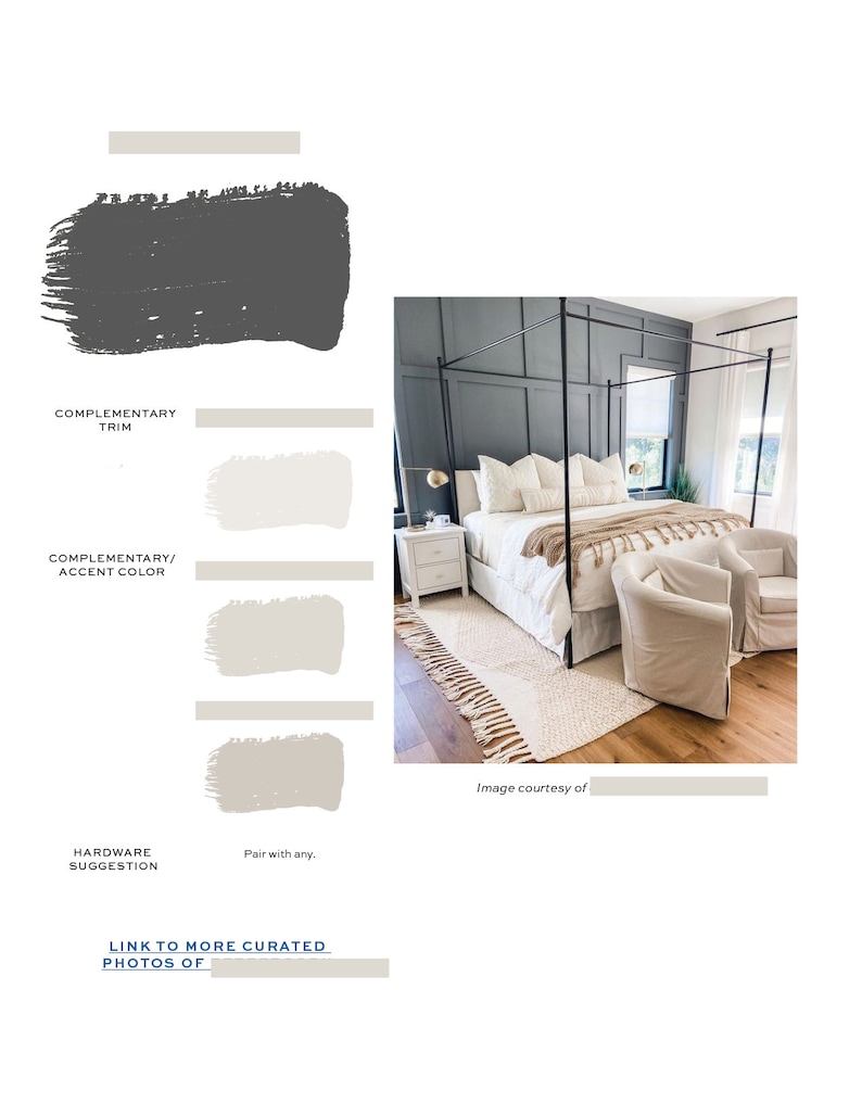 May include: A bedroom with a dark grey wall, a black canopy bed with white bedding, and two beige accent chairs. The room has a white rug with fringe and wood floors.
