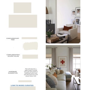 Pode incluir: Um quadro de inspira&ccedil;&atilde;o para o design de interiores de uma sala de estar com um sof&aacute; branco, cortinas brancas e uma obra de arte com uma cruz vermelha. O quadro tamb&eacute;m inclui amostras de tinta para uma parede branca e uma moldura branca mais clara.