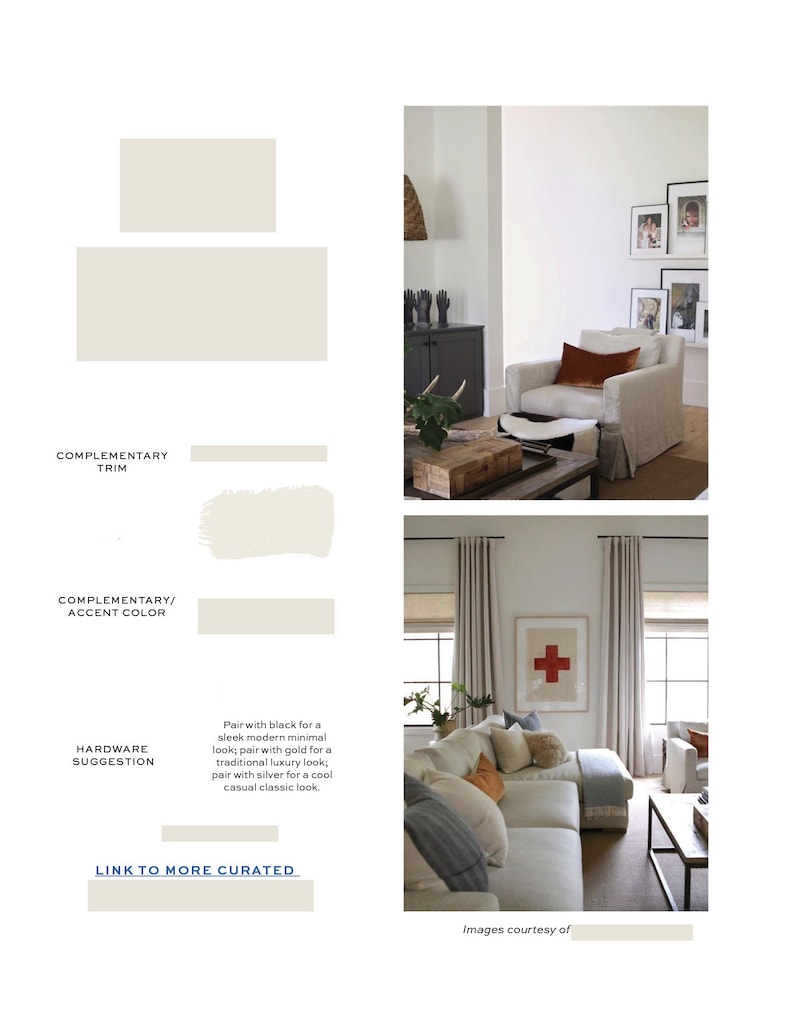 Pode incluir: Um quadro de inspira&ccedil;&atilde;o para o design de interiores de uma sala de estar com um sof&aacute; branco, cortinas brancas e uma obra de arte com uma cruz vermelha. O quadro tamb&eacute;m inclui amostras de tinta para uma parede branca e uma moldura branca mais clara.