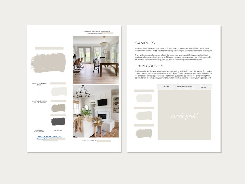May include: A guide to choosing paint colors for a home, featuring two interior design photos and a color palette with paint swatches. The text includes the phrase "Sneak Peek!" and suggests using Samplize.com for paint samples.