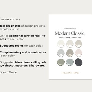 May include: A color palette guide for the Sherwin-Williams Modern Classic Home Paint Palette. The palette features a range of neutral colors, including white, gray, beige, and black. The colors are displayed in a circular format, with the name of the palette and the company logo at the top.