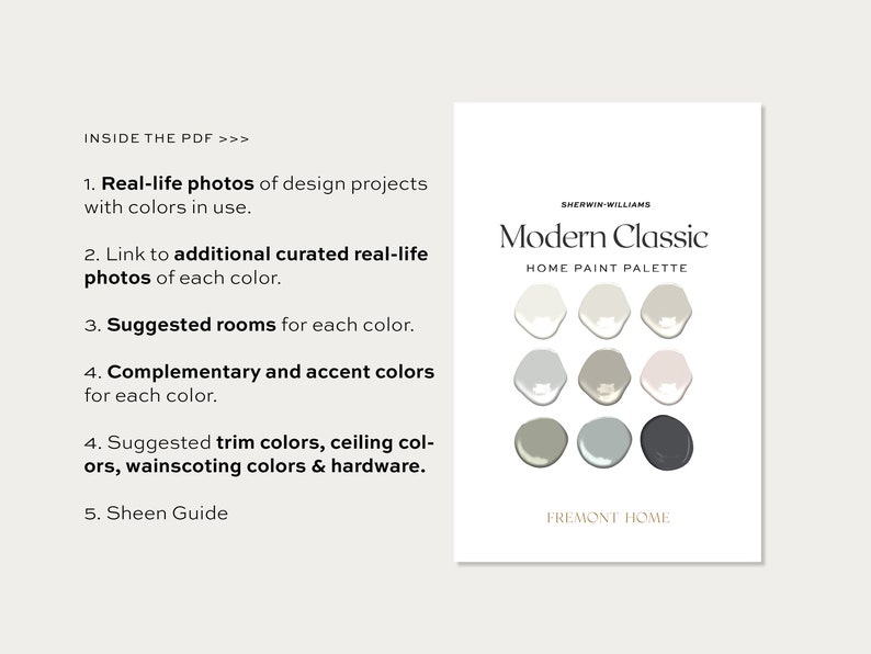 May include: A color palette guide for the Sherwin-Williams Modern Classic Home Paint Palette. The palette features a range of neutral colors, including white, gray, beige, and black. The colors are displayed in a circular format, with the name of the palette and the company logo at the top.