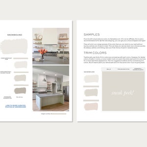 May include: A guide to choosing paint colours for a kitchen, featuring the colour Snowbound. The guide includes a sample of the colour Snowbound, as well as suggestions for complementary trim colours. The text includes the phrase "sneak peek!"