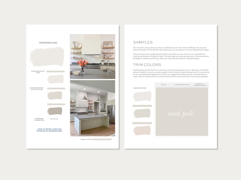 May include: A guide to choosing paint colours for a kitchen, featuring the colour Snowbound. The guide includes a sample of the colour Snowbound, as well as suggestions for complementary trim colours. The text includes the phrase "sneak peek!"