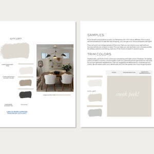 May include: A guide to choosing paint colours for a city loft. The guide includes a photo of a dining room with a white table and chairs, a white ceiling, and a light grey wall. The guide also includes a colour palette with three shades of grey and a dark grey.
